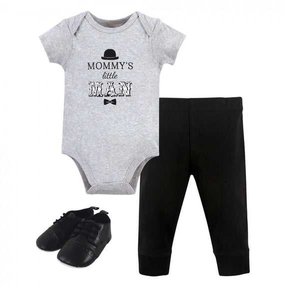 Little Treasure Baby Boy Cotton Bodysuit, Pant and Shoe 3pc Set, Mommys Man, 9-12 Months