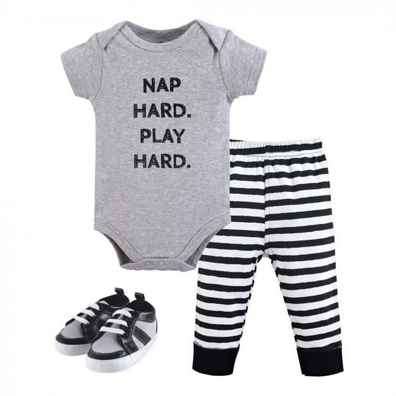 Little Treasure Baby Boy Cotton Bodysuit, Pant and Shoe 3pc Set, Nap Hard, 3-6 Months