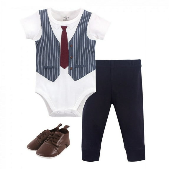 Little Treasure Baby Boy Cotton Bodysuit, Pant and Shoe 3pc Set, Navy Burgundy Vest, 12-18 Months