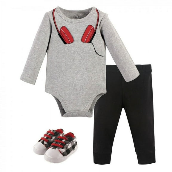 Little Treasure Baby Boy Cotton Bodysuit, Pant and Shoe 3pc Set, Red Headphones, 0-3 Months