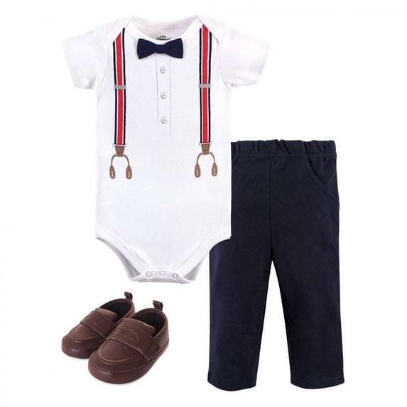 Little Treasure Baby Boy Cotton Bodysuit, Pant and Shoe 3pc Set, Red Navy Suspenders, 3-6 Months