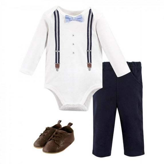 Little Treasure Baby Boy Cotton Bodysuit, Pant and Shoe 3pc Set, Suspenders, 0-3 Months