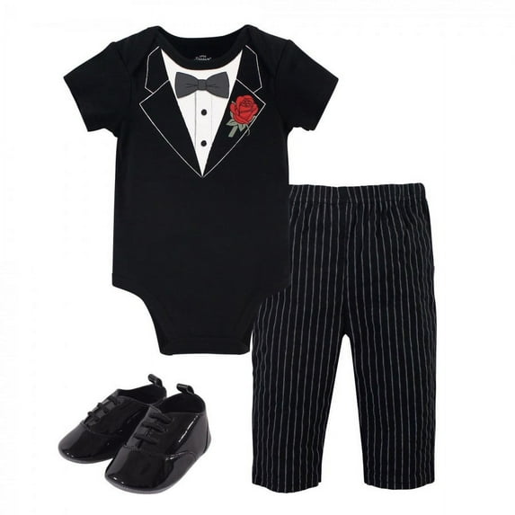 Little Treasure Baby Boy Cotton Bodysuit, Pant and Shoe 3pc Set, Tuxedo Rose, 0-3 Months