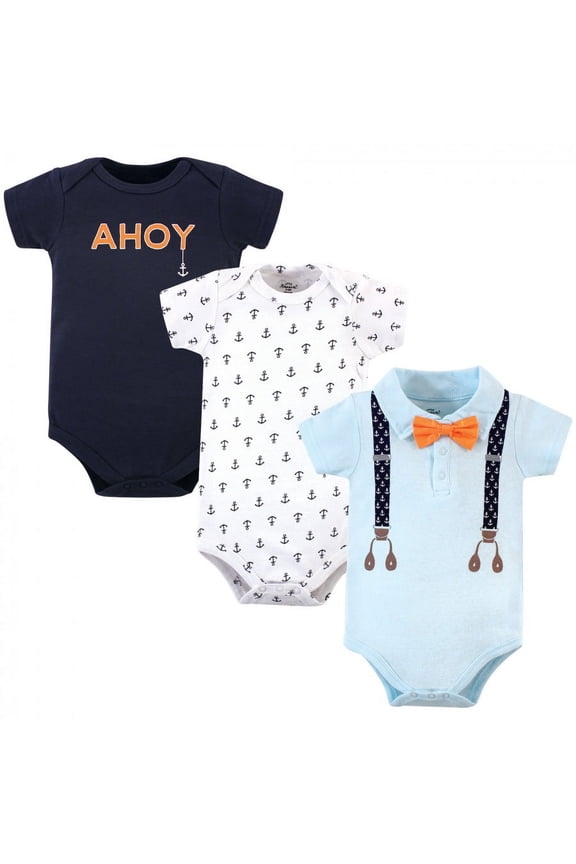 Baby Boy Cotton Bodysuits 3pk, Anchor Suspenders, 6-9 Months