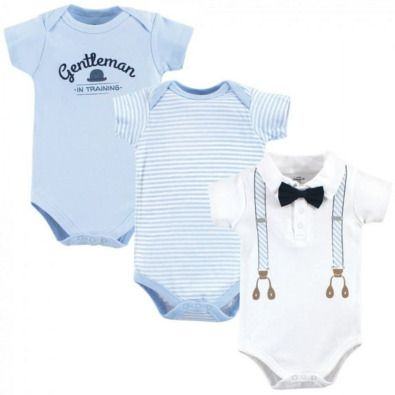 Little Treasure Baby Boy Cotton Bodysuits 3pk, Light Blue Suspenders, 3-6 Months