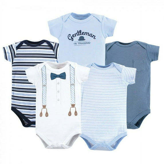 Little Treasure Baby Boy Cotton Bodysuits 5pk, Lt Blue Suspenders, 3-6 Months
