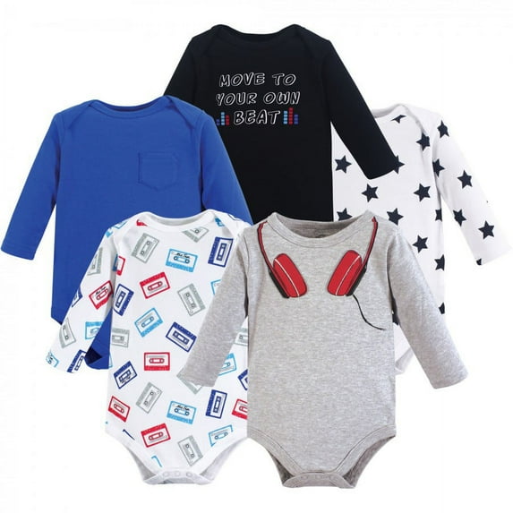 Little Treasure Baby Boy Cotton Long-Sleeve Bodysuits 5pk, Headphones, 12-18 Months