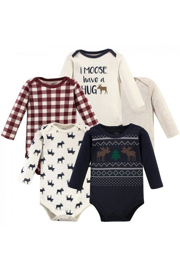 Baby Boy Cotton Long-Sleeve Bodysuits 5pk, Moose Sweater, 9-12 Months