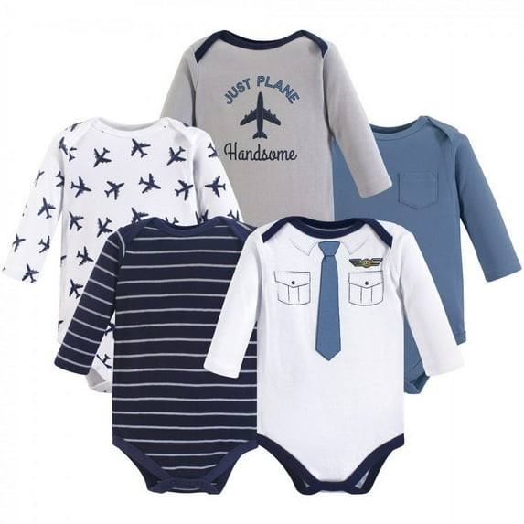Little Treasure Baby Boy Cotton Long-Sleeve Bodysuits 5pk, Pilot, 9-12 Months
