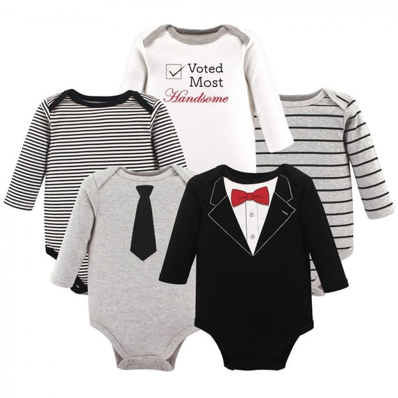 Little Treasure Baby Boy Cotton Long-Sleeve Bodysuits 5pk, Tuxedo, 18-24 Months