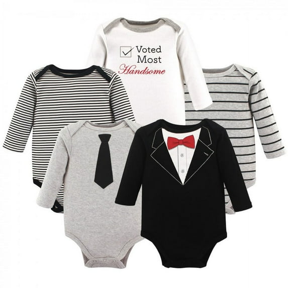 Little Treasure Baby Boy Cotton Long-Sleeve Bodysuits 5pk, Tuxedo, 9-12 Months