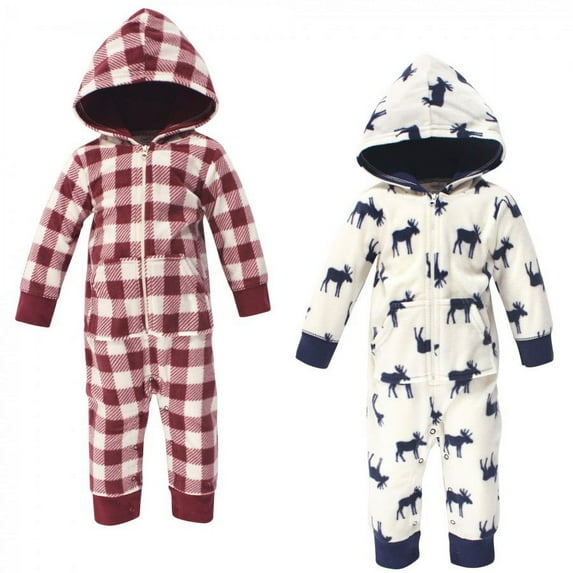 Little Treasure Baby Boy Fleece Jumpsuits and Coveralls 2pk, Moose, 9-12 Months
