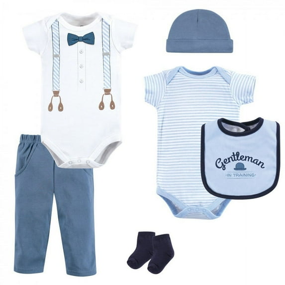 Little Treasure Baby Boy Layette 6-Piece Set, Light Blue Suspenders, 6-9 Months