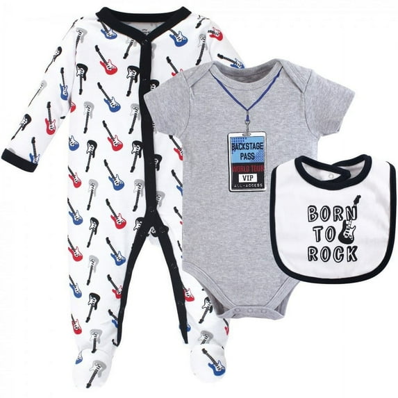 Little Treasure Baby Boy Sleep and Play, Bodysuit and Bib, Born To Rock, 0-3 Months