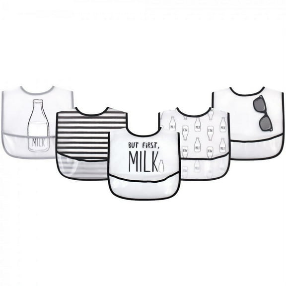 Little Treasure Baby Boy Waterproof PEVA Bibs 5pk, But First Milk, One Size