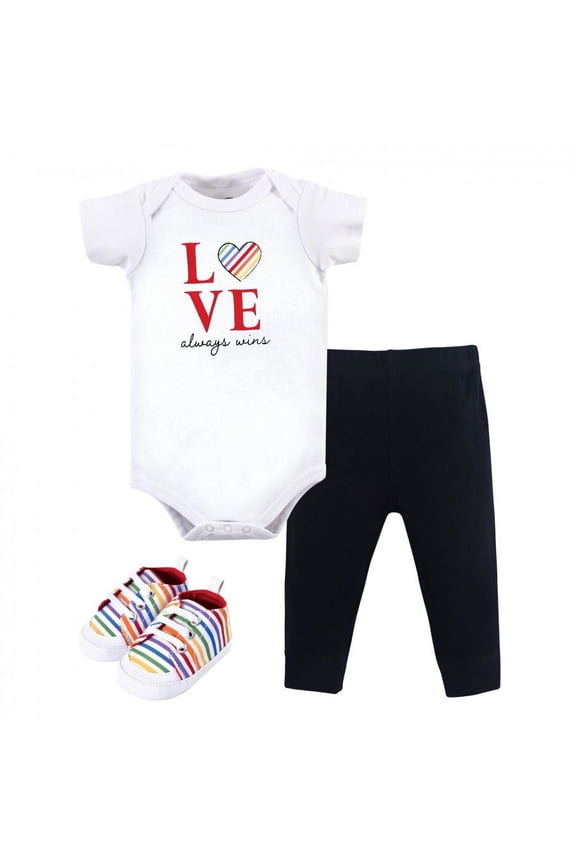 Baby Cotton Bodysuit, Pant and Shoe 3pc Set, Love Always Wins, 6-9 Months