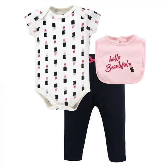 Little Treasure Baby Girl Bodysuit, Pant and Bib, Lipstick, 3-6 Months