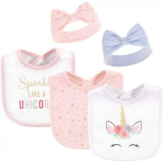 Little Treasure Baby Girl Cotton Bib and Headband Set 5pk, Unicorn, One Size