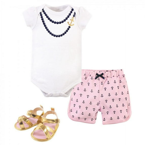 Little Treasure Baby Girl Cotton Bodysuit, Pant and Shoe 3pc Set, Anchor Necklace, 0-3 Months