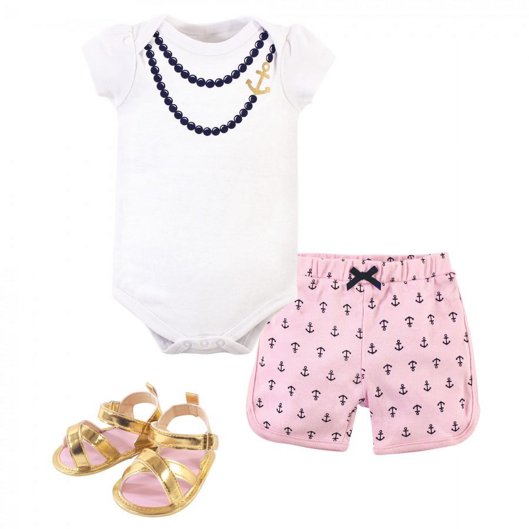 Little Treasure Baby Girl Cotton Bodysuit, Pant and Shoe 3pc Set, Anchor Necklace, 6-9 Months - image 1 of 4