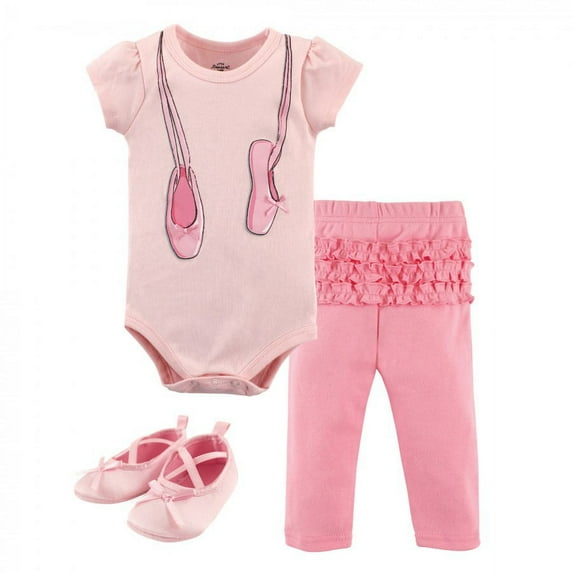 Little Treasure Baby Girl Cotton Bodysuit, Pant and Shoe 3pc Set, Ballerina, 3-6 Months