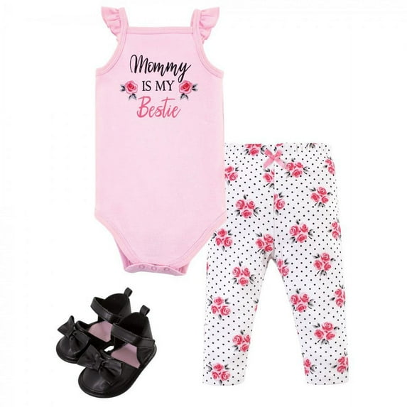 Little Treasure Baby Girl Cotton Bodysuit, Pant and Shoe 3pc Set, Bestie, 9-12 Months