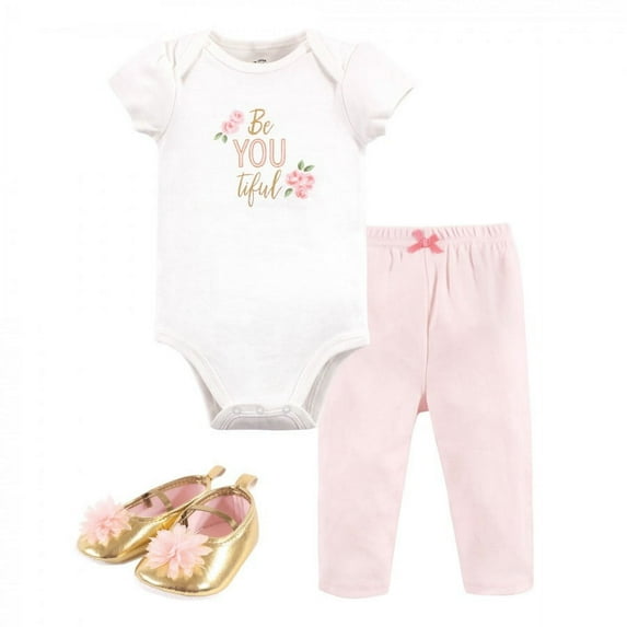 Little Treasure Baby Girl Cotton Bodysuit, Pant and Shoe 3pc Set, Beyoutiful, 6-9 Months