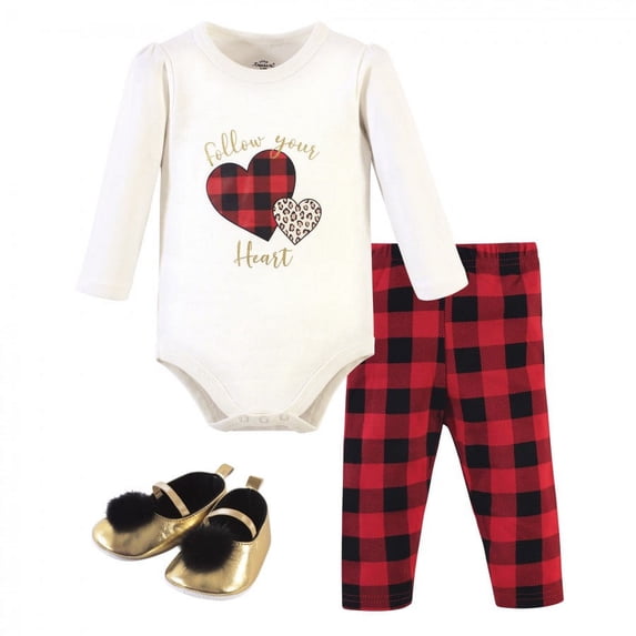 Little Treasure Baby Girl Cotton Bodysuit, Pant and Shoe 3pc Set, Buffalo Plaid Heart, 6-9 Months