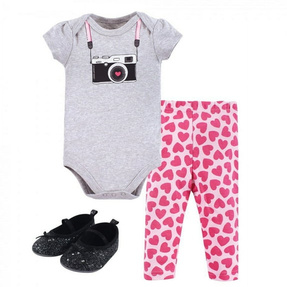 Little Treasure Baby Girl Cotton Bodysuit, Pant and Shoe 3pc Set, Camera, 12-18 Months
