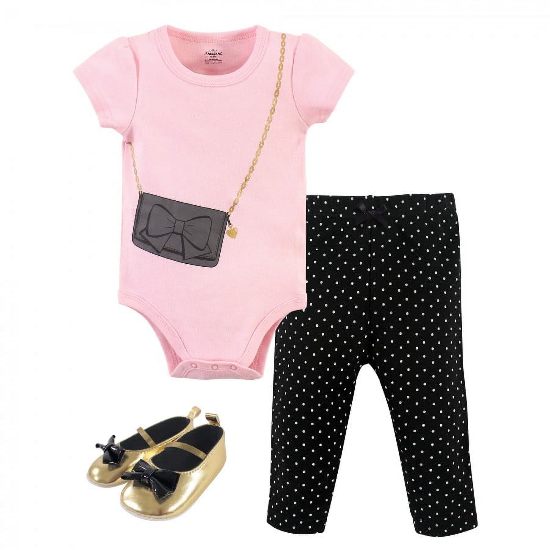 Little Treasure Baby Girl Cotton Bodysuit, Pant and Shoe 3pc Set