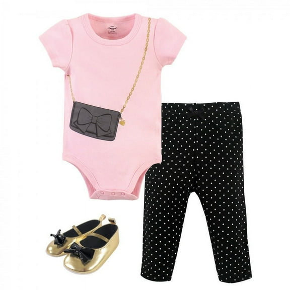 Little Treasure Baby Girl Cotton Bodysuit, Pant and Shoe 3pc Set, Classic Black Purse, 6-9 Months