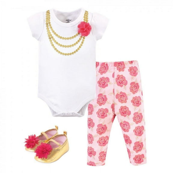 Little Treasure Baby Girl Cotton Bodysuit, Pant and Shoe 3pc Set, Dk. Pink Gold Rose, 12-18 Months