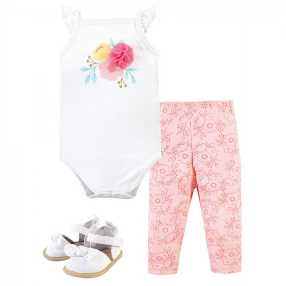 Little Treasure Baby Girl Cotton Bodysuit, Pant and Shoe 3pc Set, Flowers, 9-12 Months