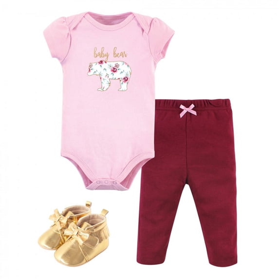Little Treasure Baby Girl Cotton Bodysuit, Pant and Shoe 3pc Set, Girl Baby Bear, 3-6 Months