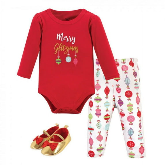 Little Treasure Baby Girl Cotton Bodysuit, Pant and Shoe 3pc Set, Glitzmas, 12-18 Months