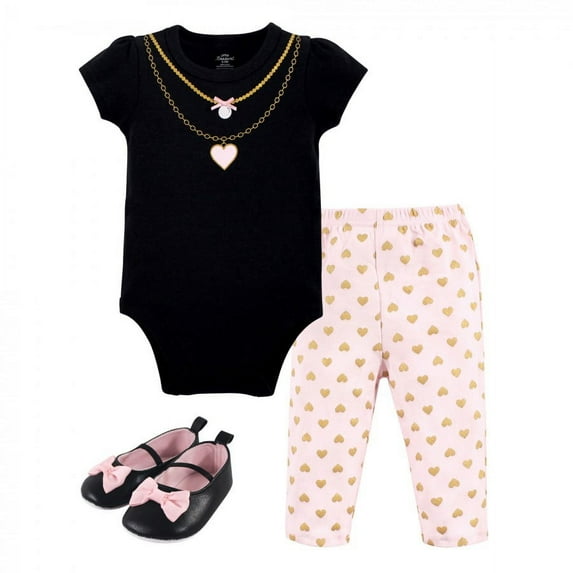Little Treasure Baby Girl Cotton Bodysuit, Pant and Shoe 3pc Set, Heart Necklace, 3-6 Months