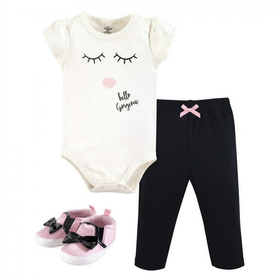 Little Treasure Baby Girl Cotton Bodysuit, Pant and Shoe 3pc Set, Hello Gorgeous, 3-6 Months