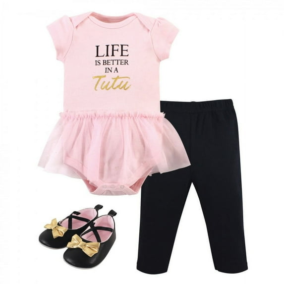 Little Treasure Baby Girl Cotton Bodysuit, Pant and Shoe 3pc Set, Life In Tutu, 6-9 Months