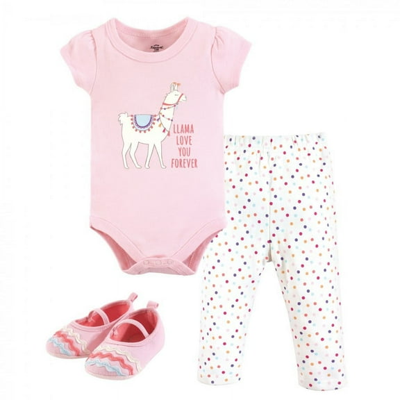 Little Treasure Baby Girl Cotton Bodysuit, Pant and Shoe 3pc Set, Llama Love, 9-12 Months