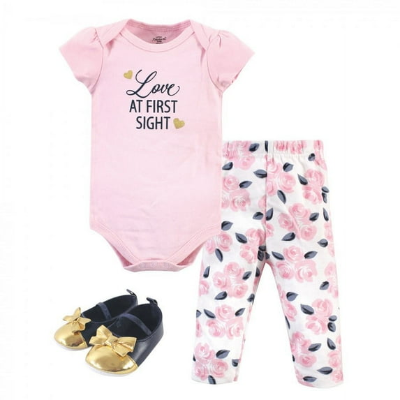 Little Treasure Baby Girl Cotton Bodysuit, Pant and Shoe 3pc Set, Love At First Sight, 0-3 Months