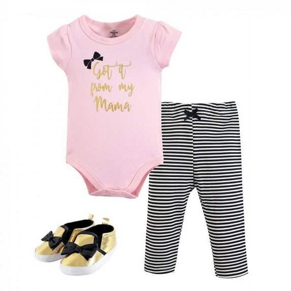 Little Treasure Baby Girl Cotton Bodysuit, Pant and Shoe 3pc Set, Mama, 6-9 Months