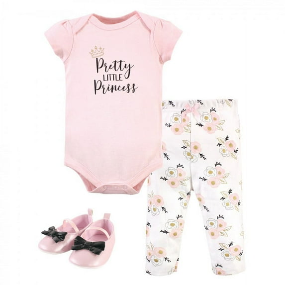 Little Treasure Baby Girl Cotton Bodysuit, Pant and Shoe 3pc Set, Pretty Princess, 6-9 Months