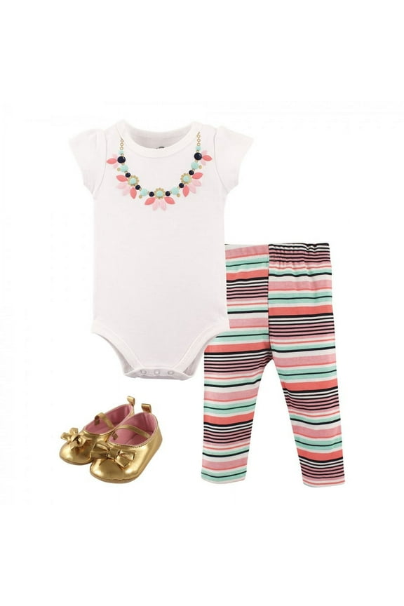 Baby Girl Cotton Bodysuit, Pant and Shoe 3pc Set, Sparkle Necklace, 9-12 Months
