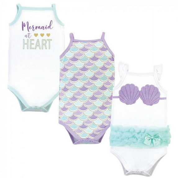 Little Treasure Baby Girl Cotton Bodysuits 3pk, Mermaid, 3-6 Months