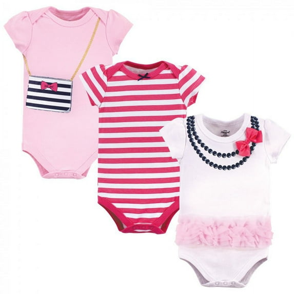 Little Treasure Baby Girl Cotton Bodysuits 3pk, Pink Navy Necklace, 6-9 Months