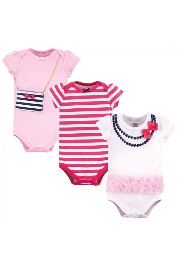 Baby Girl Cotton Bodysuits 3pk, Pink Navy Necklace, 9-12 Months