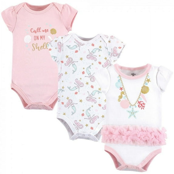 Little Treasure Baby Girl Cotton Bodysuits 3pk, Sea Shells, 0-3 Months