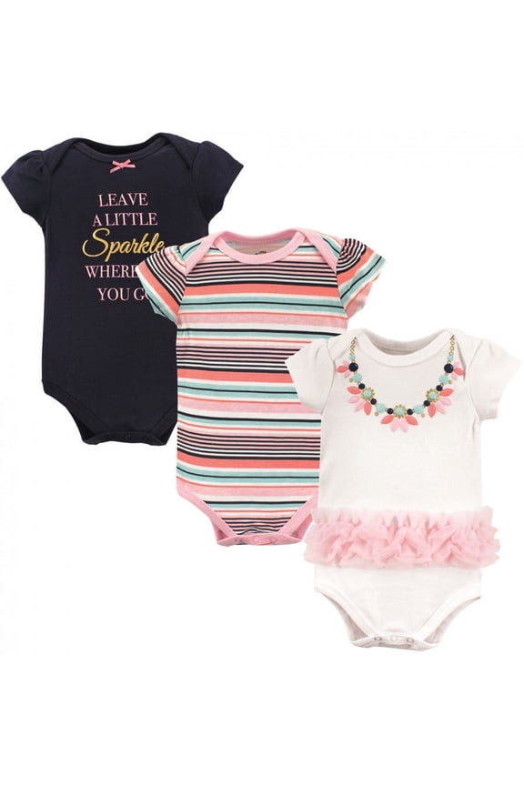 Baby Girl Cotton Bodysuits 3pk, Sparkle Necklace, 9-12 Months