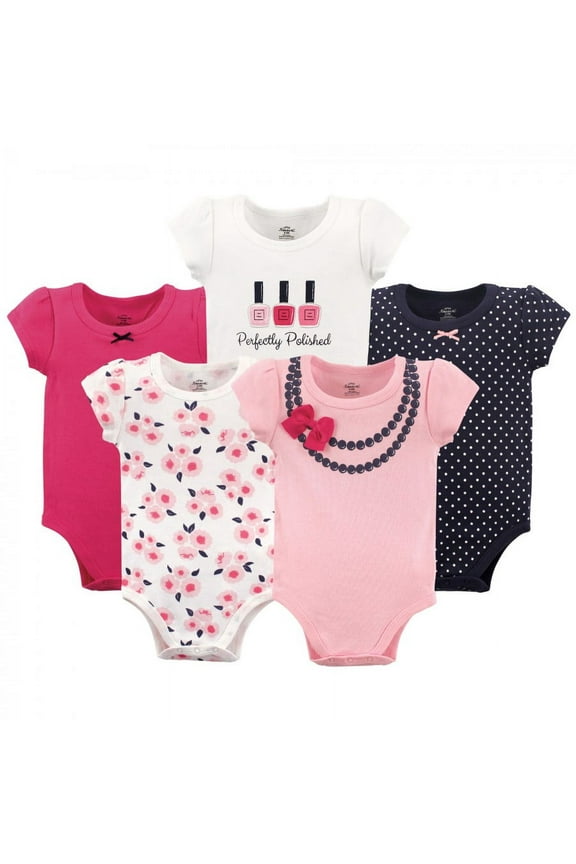 Baby Girl Cotton Bodysuits 5pk, Bow Necklace, 0-3 Months