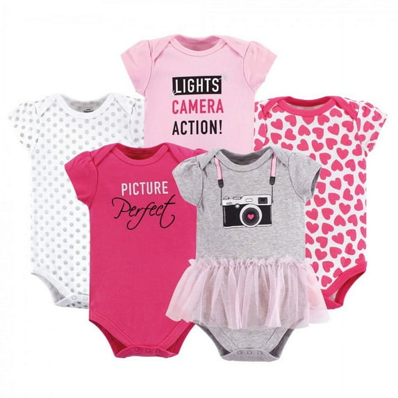 Little Treasure Baby Girl Cotton Bodysuits 5pk, Camera, 6-9 Months